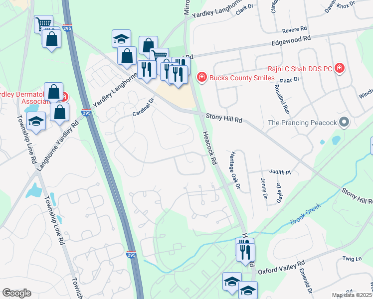 map of restaurants, bars, coffee shops, grocery stores, and more near 653B Rose Hollow Drive in Yardley
