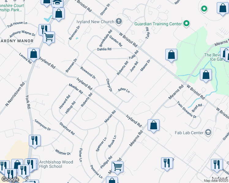 map of restaurants, bars, coffee shops, grocery stores, and more near 687 Arbor Lane in Warminster