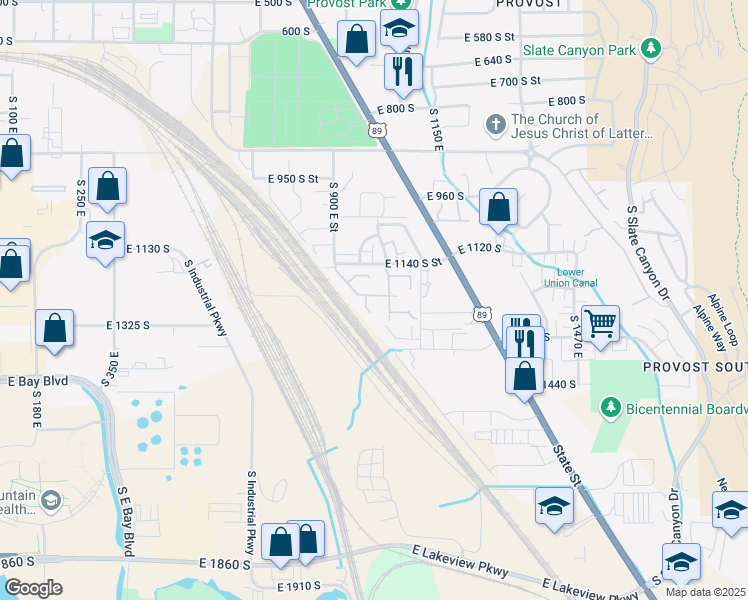 map of restaurants, bars, coffee shops, grocery stores, and more near 976 East 1230 South in Provo