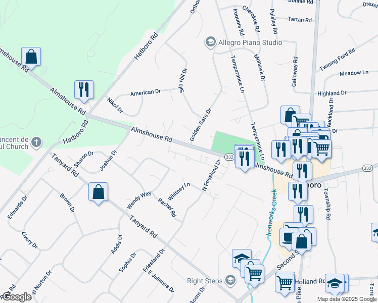 map of restaurants, bars, coffee shops, grocery stores, and more near 38 Legacy Oaks Drive in Richboro