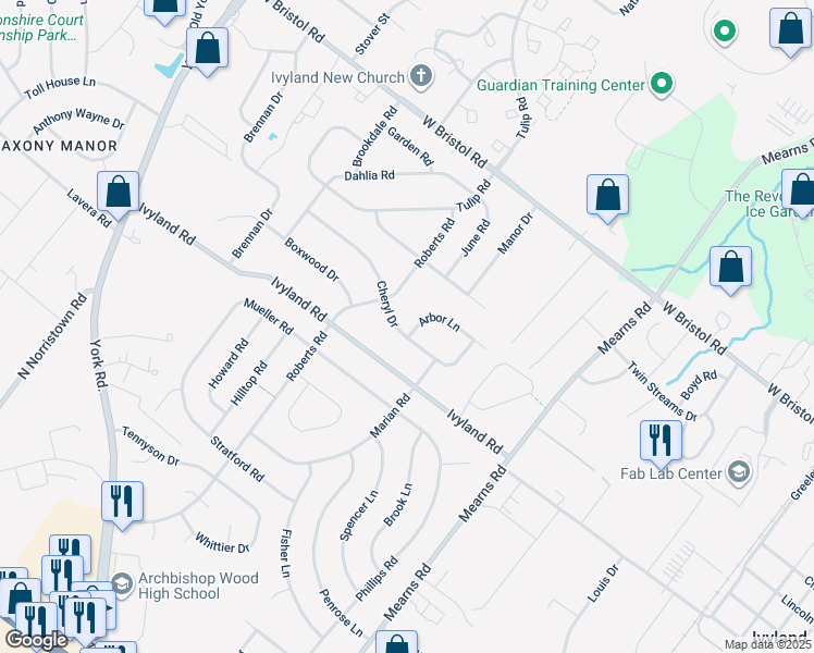 map of restaurants, bars, coffee shops, grocery stores, and more near 687 Arbor Lane in Warminster
