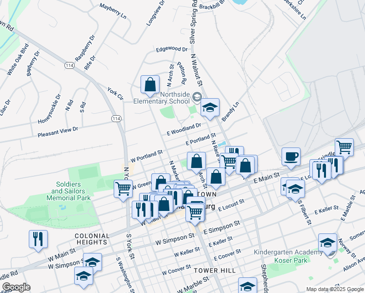 map of restaurants, bars, coffee shops, grocery stores, and more near 20 East Portland Street in Mechanicsburg