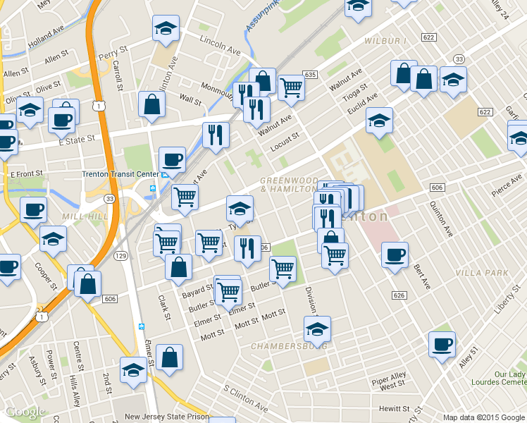map of restaurants, bars, coffee shops, grocery stores, and more near 236 Chestnut Avenue in Trenton