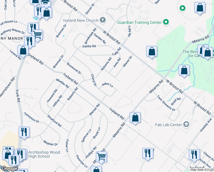 map of restaurants, bars, coffee shops, grocery stores, and more near 650 Violet Road in Warminster