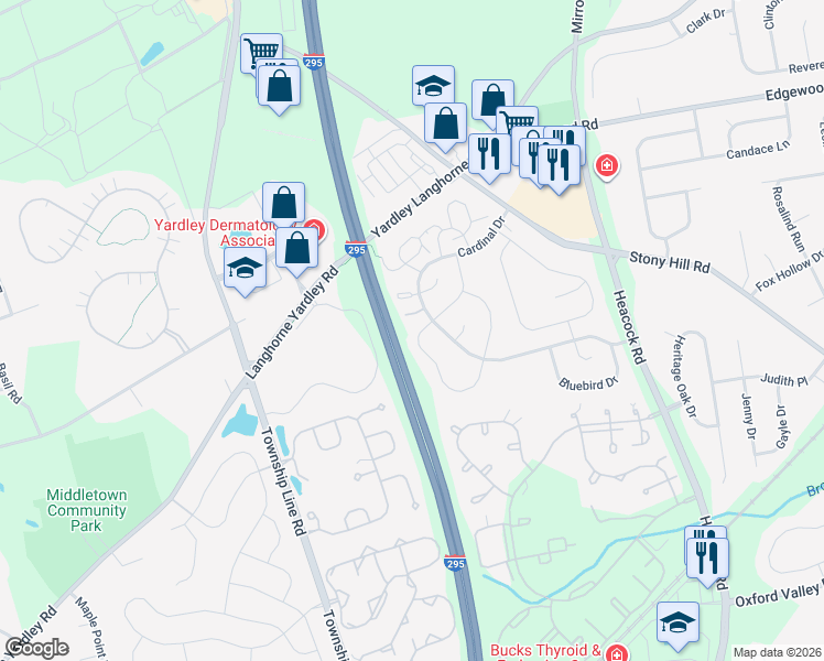 map of restaurants, bars, coffee shops, grocery stores, and more near 1790A Bayley Lane in Yardley