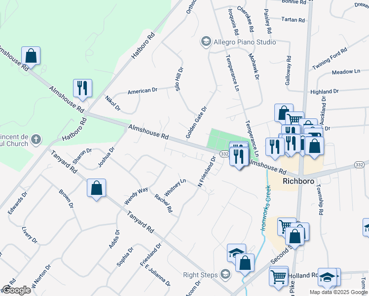 map of restaurants, bars, coffee shops, grocery stores, and more near 38 Legacy Oaks Drive in Richboro