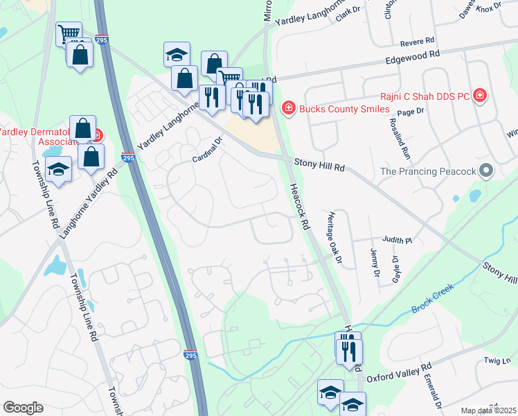 map of restaurants, bars, coffee shops, grocery stores, and more near 651B Rose Hollow Drive in Yardley