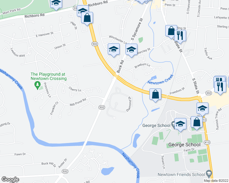 map of restaurants, bars, coffee shops, grocery stores, and more near 106 Diamond Drive in Newtown
