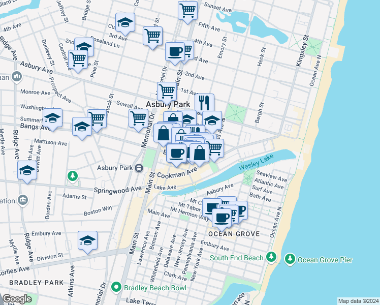 map of restaurants, bars, coffee shops, grocery stores, and more near 600 Monroe Avenue in Asbury Park