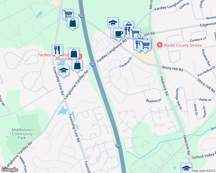 map of restaurants, bars, coffee shops, grocery stores, and more near 1784 North Dove Road in Yardley