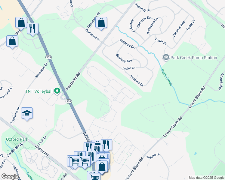 map of restaurants, bars, coffee shops, grocery stores, and more near 105 Lincoln Drive in North Wales