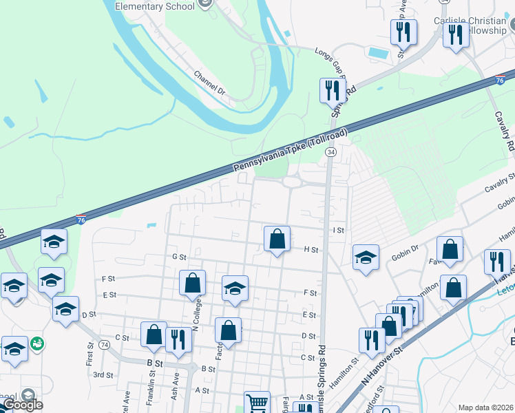 map of restaurants, bars, coffee shops, grocery stores, and more near 1330 North West Street in Carlisle