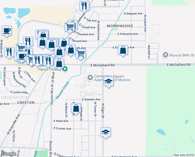 map of restaurants, bars, coffee shops, grocery stores, and more near 3107 North Elgin Street in Muncie