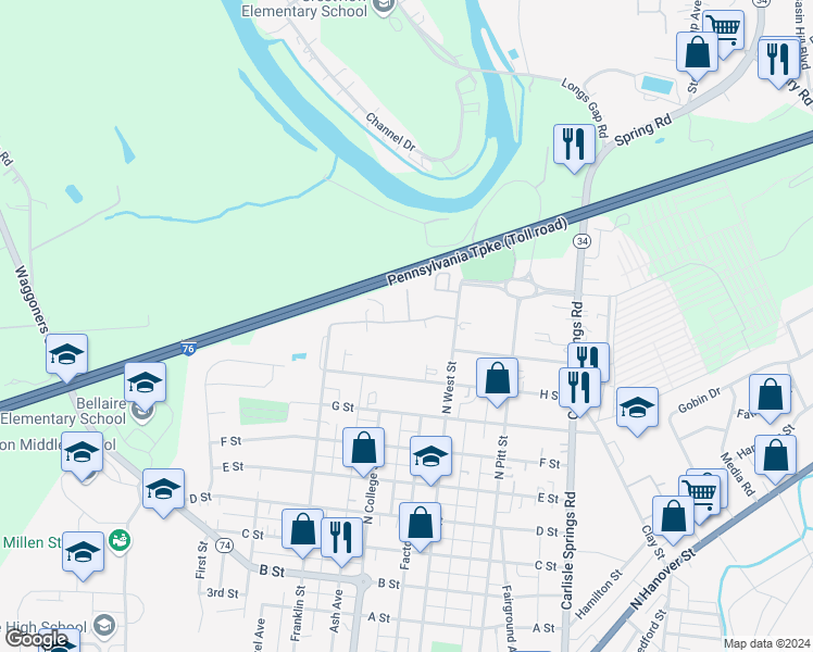 map of restaurants, bars, coffee shops, grocery stores, and more near 26 Courtyard Drive in Carlisle