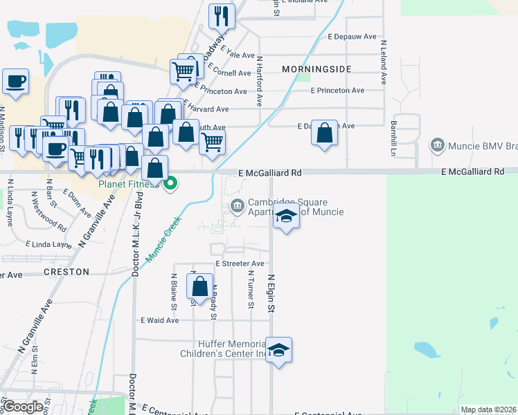 map of restaurants, bars, coffee shops, grocery stores, and more near 2901 North Elgin Street in Muncie