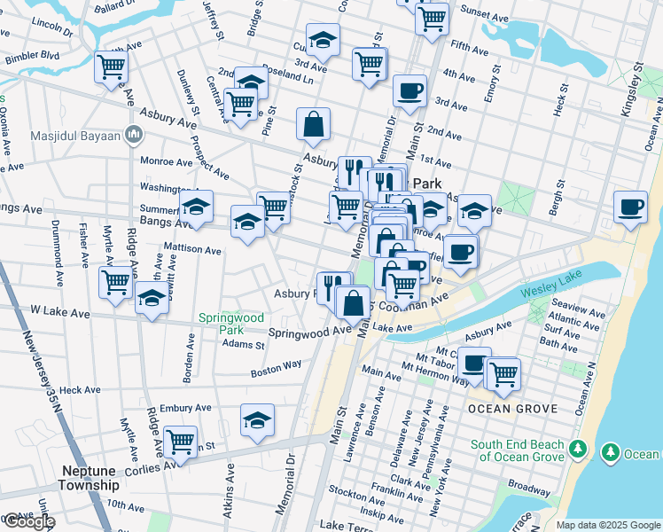 map of restaurants, bars, coffee shops, grocery stores, and more near 1000 Bangs Avenue in Asbury Park