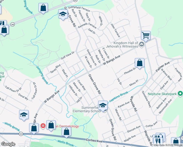 map of restaurants, bars, coffee shops, grocery stores, and more near 701 West Lawn Drive in Neptune City