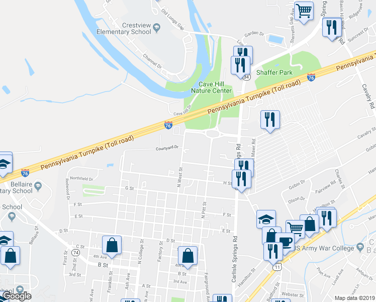 map of restaurants, bars, coffee shops, grocery stores, and more near 1325 North West Street in Carlisle