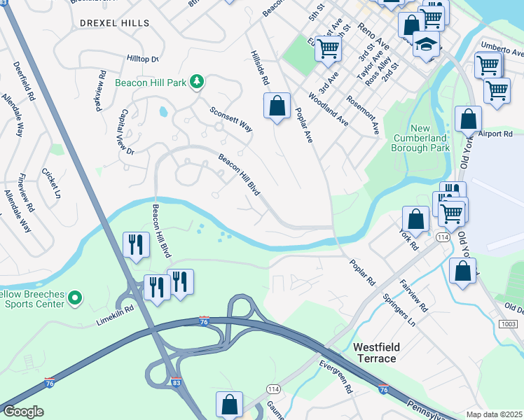 map of restaurants, bars, coffee shops, grocery stores, and more near 1130 Brockton Circle in New Cumberland