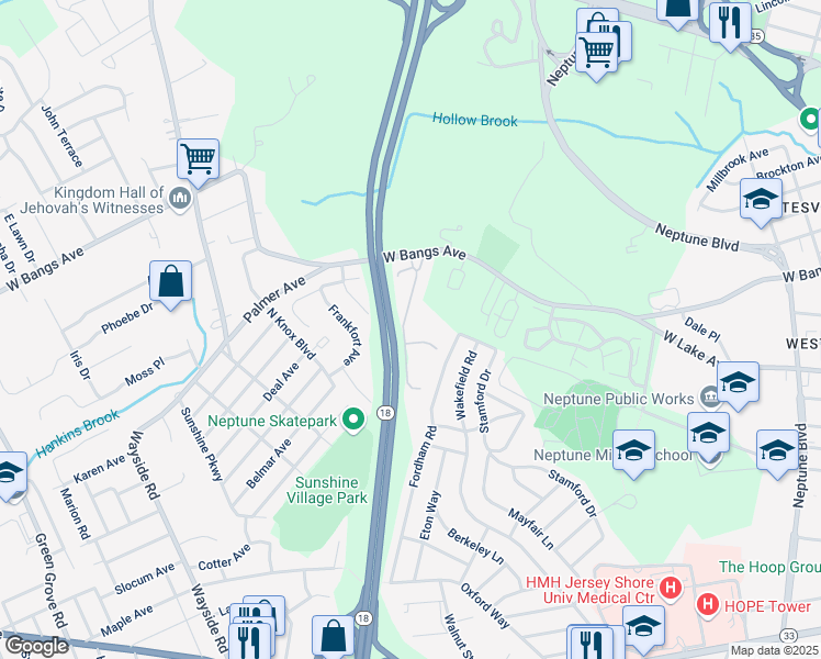 map of restaurants, bars, coffee shops, grocery stores, and more near 46 Winding Ridge Drive in Neptune City