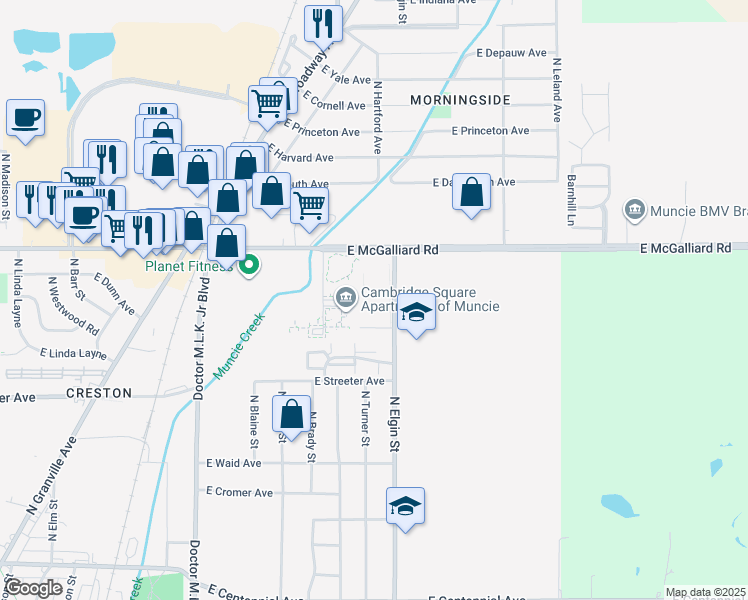 map of restaurants, bars, coffee shops, grocery stores, and more near 3107 North Elgin Street in Muncie