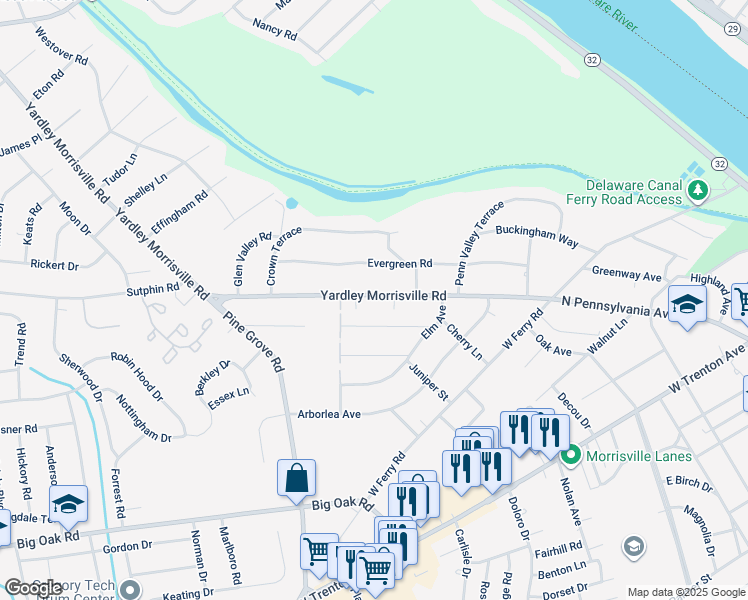 map of restaurants, bars, coffee shops, grocery stores, and more near 1201 Yardley Road in Yardley