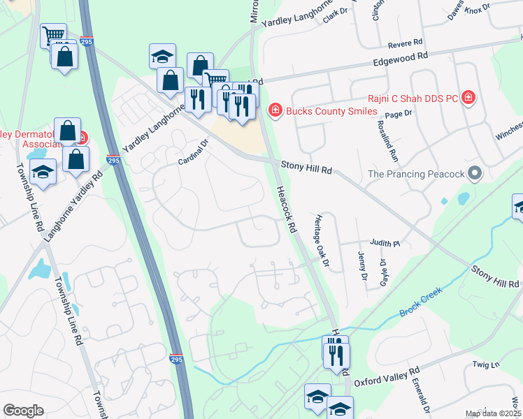 map of restaurants, bars, coffee shops, grocery stores, and more near 657B Rose Hollow Drive in Yardley