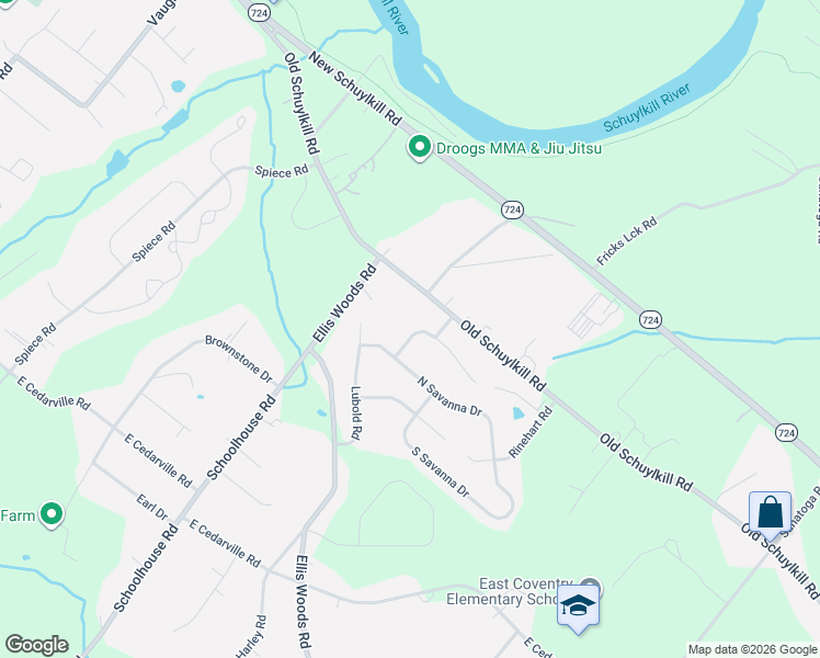 map of restaurants, bars, coffee shops, grocery stores, and more near 406 Old Schuylkill Road in Pottstown
