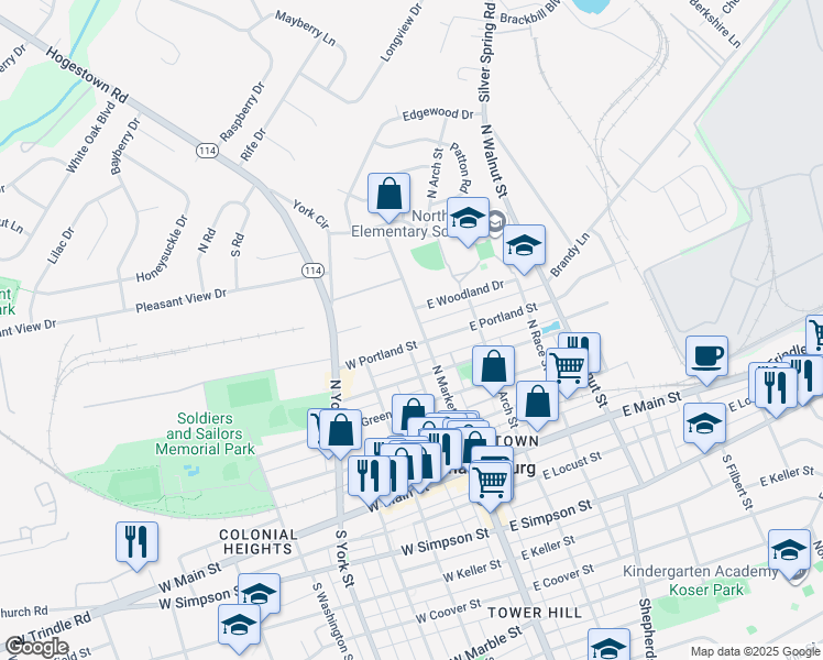 map of restaurants, bars, coffee shops, grocery stores, and more near 412 North Market Street in Mechanicsburg