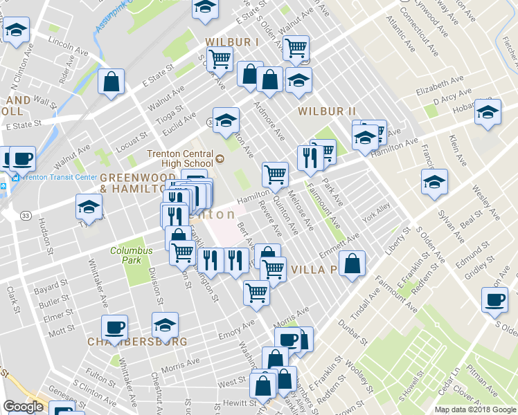 map of restaurants, bars, coffee shops, grocery stores, and more near 815 Revere Avenue in Trenton