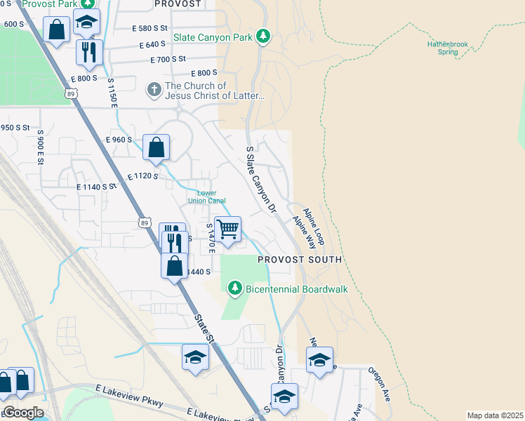 map of restaurants, bars, coffee shops, grocery stores, and more near 1422 East 1200 South in Provo