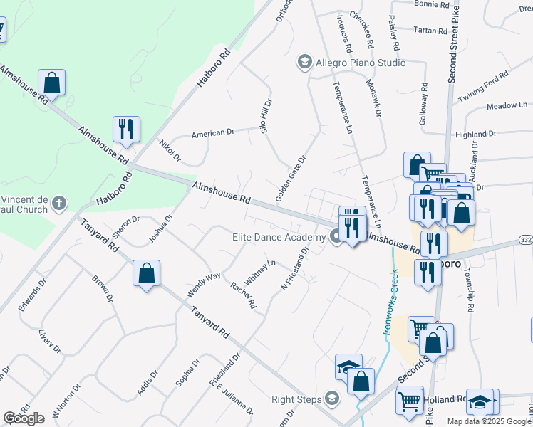 map of restaurants, bars, coffee shops, grocery stores, and more near 431 Golden Gate Drive in Richboro