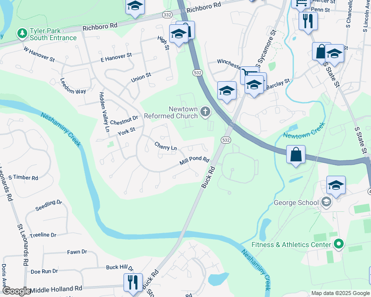map of restaurants, bars, coffee shops, grocery stores, and more near 34 Hillcroft Way in Newtown
