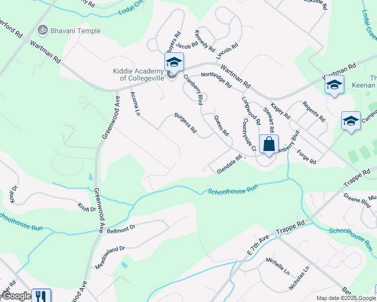 map of restaurants, bars, coffee shops, grocery stores, and more near 107 Burgess Road in Collegeville