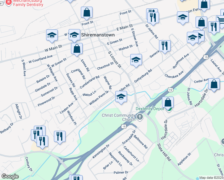 map of restaurants, bars, coffee shops, grocery stores, and more near 6 William Penn Drive in Camp Hill