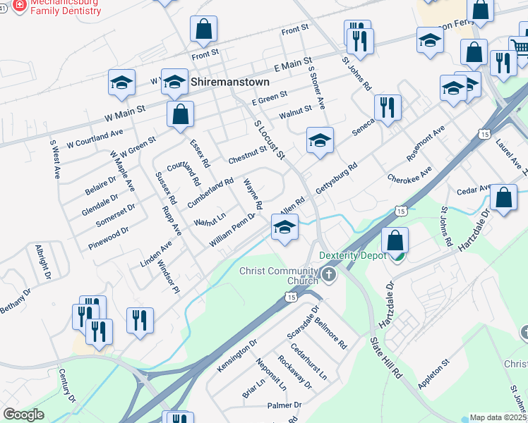 map of restaurants, bars, coffee shops, grocery stores, and more near 6 William Penn Drive in Camp Hill