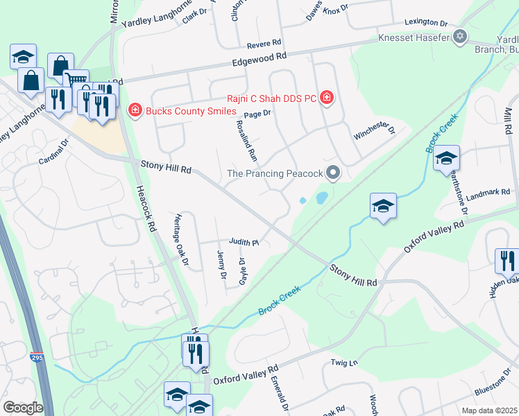map of restaurants, bars, coffee shops, grocery stores, and more near 536 Stony Hill Road in Yardley