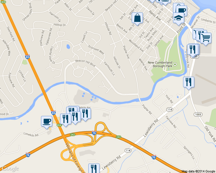 map of restaurants, bars, coffee shops, grocery stores, and more near 1134 Brockton Circle in New Cumberland