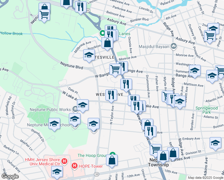 map of restaurants, bars, coffee shops, grocery stores, and more near 2015 Stratford Avenue in Neptune City