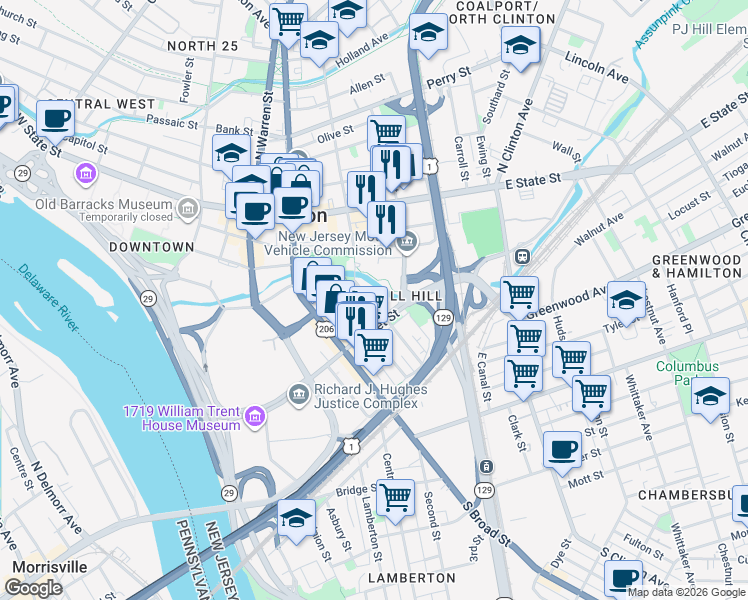 map of restaurants, bars, coffee shops, grocery stores, and more near 145 South Stockton Street in Trenton