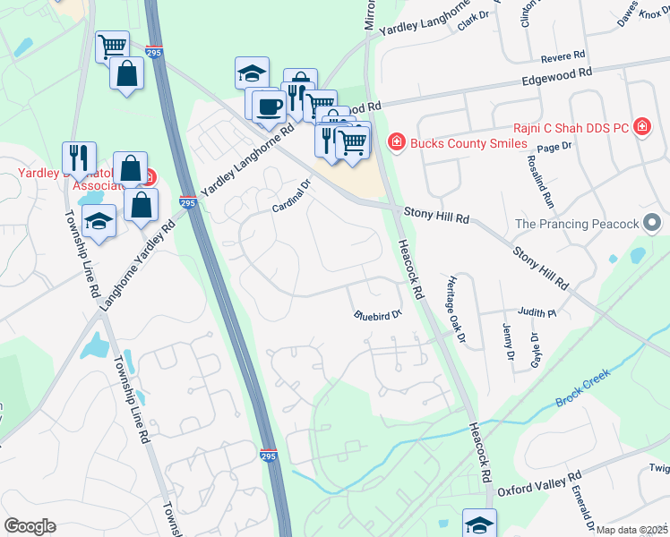 map of restaurants, bars, coffee shops, grocery stores, and more near 1661A Trellis Circle in Yardley