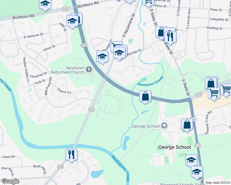 map of restaurants, bars, coffee shops, grocery stores, and more near 52 Heather Court in Newtown