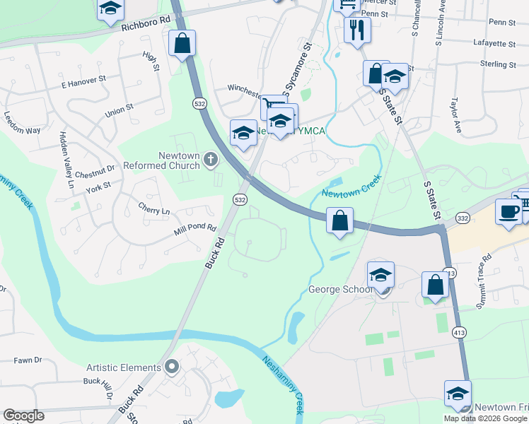 map of restaurants, bars, coffee shops, grocery stores, and more near 208 Diamond Drive in Newtown