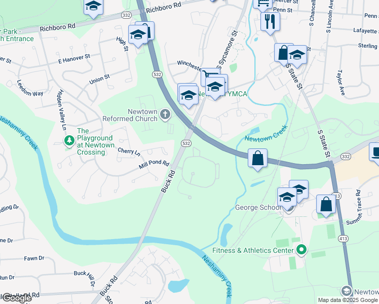 map of restaurants, bars, coffee shops, grocery stores, and more near 208 Diamond Drive in Newtown