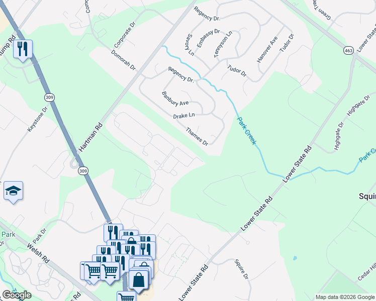 map of restaurants, bars, coffee shops, grocery stores, and more near 112 Thames Drive in North Wales