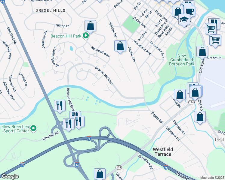 map of restaurants, bars, coffee shops, grocery stores, and more near 1134 Brockton Circle in New Cumberland