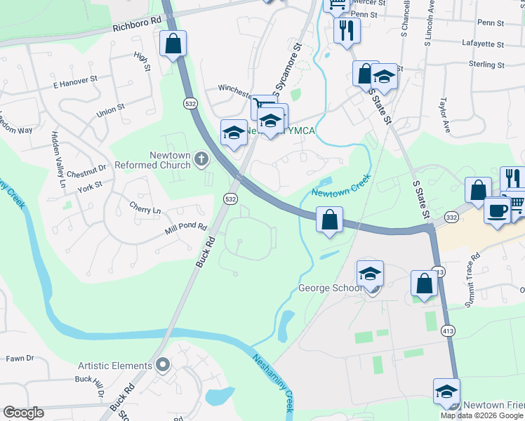 map of restaurants, bars, coffee shops, grocery stores, and more near 52 Heather Court in Newtown
