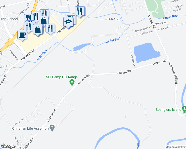 map of restaurants, bars, coffee shops, grocery stores, and more near 2521 Lisburn Road in Camp Hill