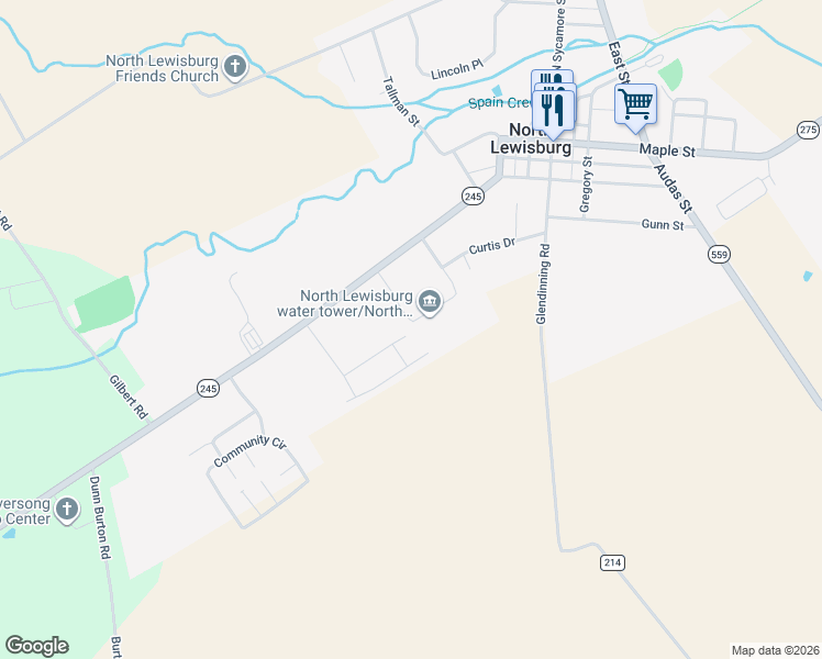map of restaurants, bars, coffee shops, grocery stores, and more near 9 Dooley Drive in North Lewisburg