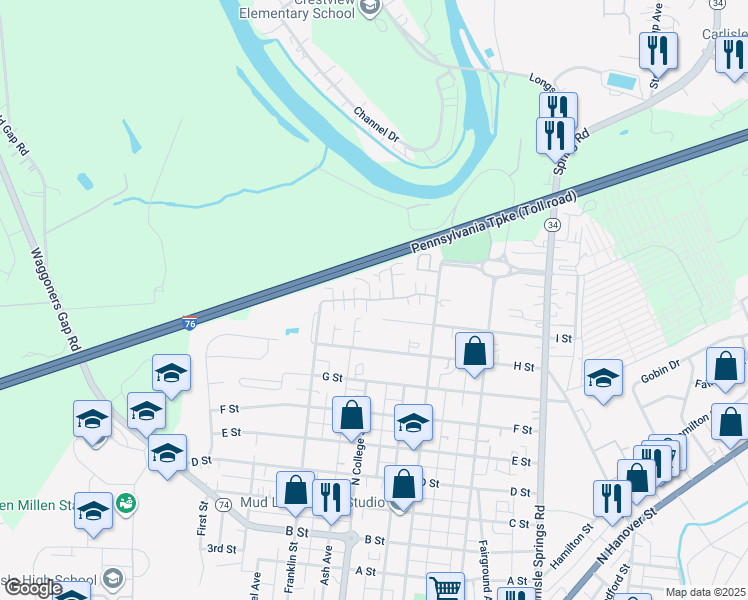 map of restaurants, bars, coffee shops, grocery stores, and more near 101 Courtyard Drive in Carlisle